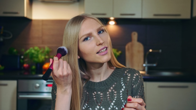 Foto joven vlogger hablando de pincel de maquillaje.