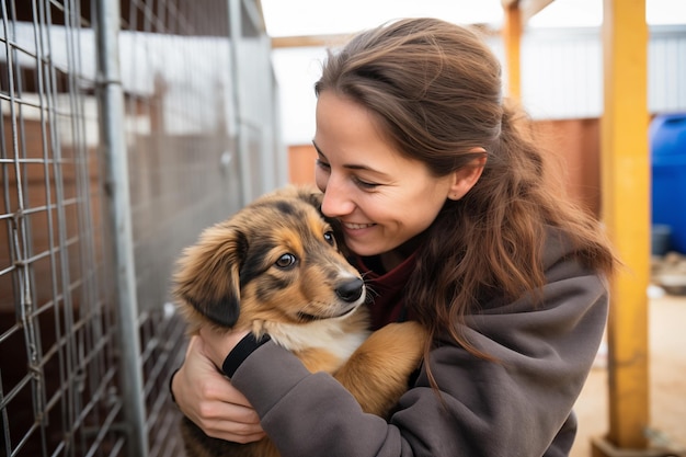 Foto una joven voluntaria sonriente abraza a un adorable perro de raza mixta en un refugio de animales