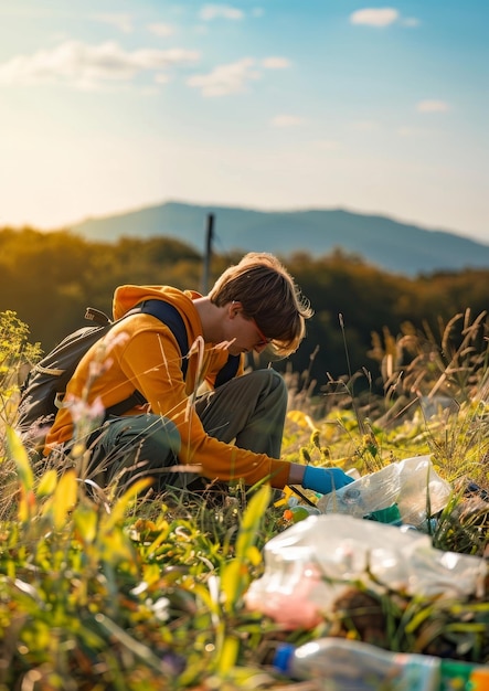 Un joven voluntario recoge la basura del suelo en la naturaleza