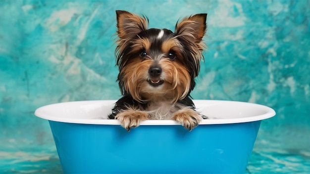 El joven Yorkshire Terrier y el baño