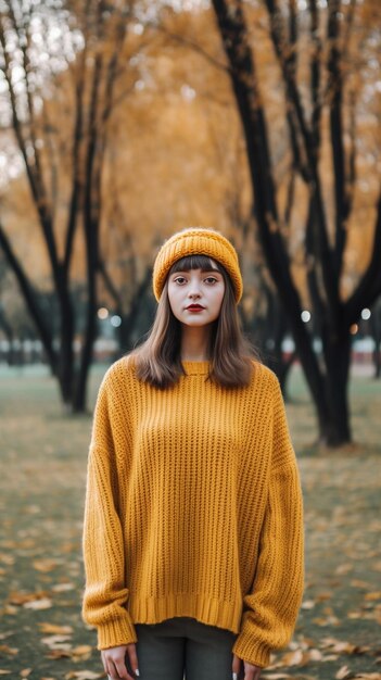 Jovencita bonita con el pelo largo y rubio y un suéter amarillo posando en el otoño p IA generativa