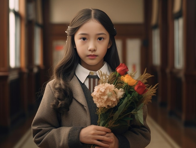 Jovencita bonita con el pelo largo en uniforme escolar posando con un ramo de flores IA generativa