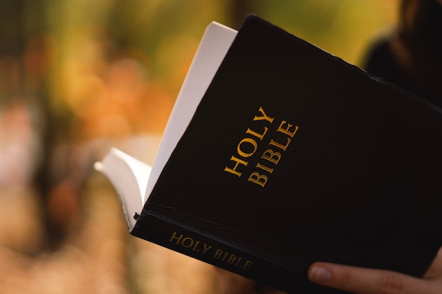 Jovencita cristiana tiene la Biblia en sus manos leyendo el concepto de la Santa Biblia para la fe
