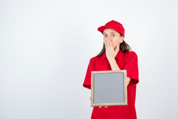 Jovencita en uniforme rojo de pie y sosteniendo el bastidor