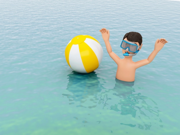 Jóvenes 3D con pelota de playa en el agua.