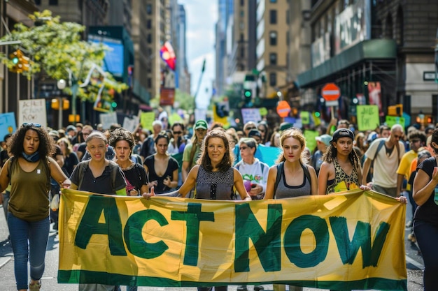 Jóvenes activistas apasionados lideran una marcha climática un grito de guerra de Act Now exhibido en su pancarta