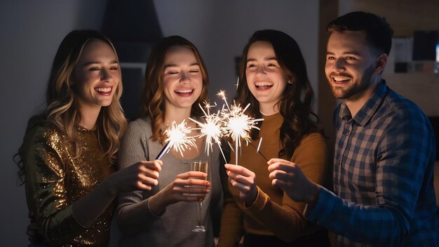Jóvenes adultos alegres bebiendo champán y usando chispas en la fiesta de Año Nuevo en casa