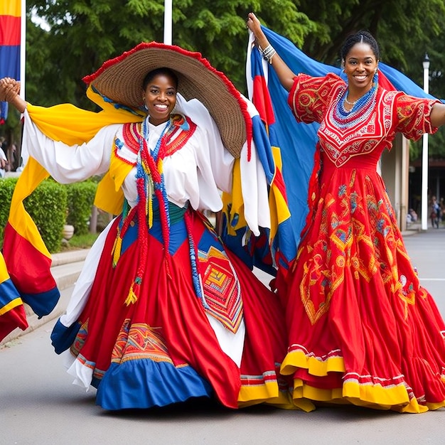 Jóvenes adultos disfrutan de un festival tradicional bailando al aire libre generado por IA