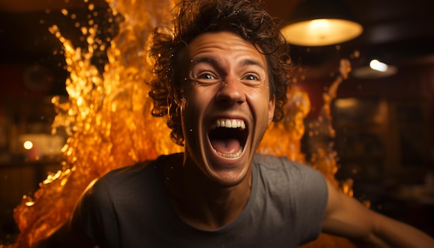 Foto jóvenes adultos disfrutando de la vida nocturna gritando de emoción iluminados por luces generadas por ia