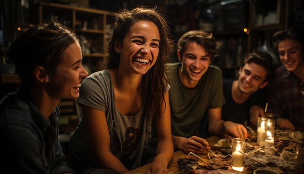 Foto jóvenes adultos sentados en una mesa riendo y uniéndose generados por la ia