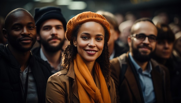 Jóvenes adultos sonriendo grupo de personas felicidad al aire libre generada por inteligencia artificial