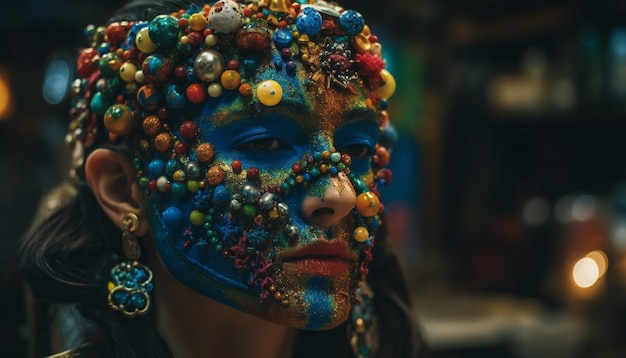 Jóvenes adultos vibrantes celebran el festival tradicional con pintura facial colorida generada por inteligencia artificial