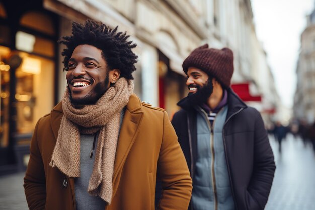 Foto jóvenes afroamericanos caminando por la calle con una sonrisa perfecta emoción positiva