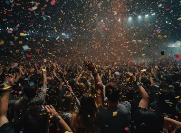 Jóvenes alegres bañados con confeti en una fiesta del club