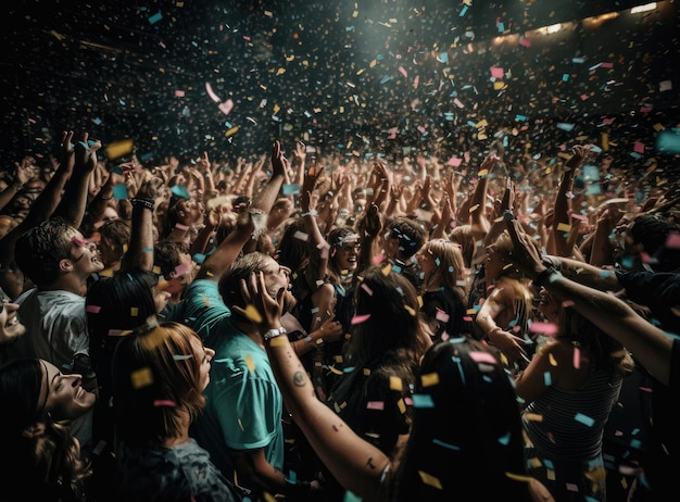 Jóvenes alegres bañados con confeti en una fiesta del club