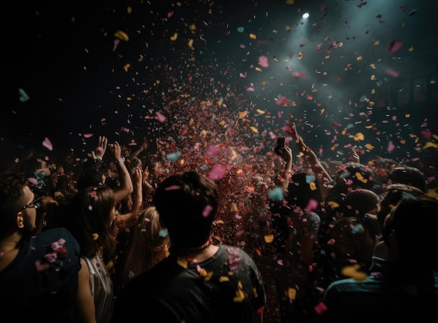 Jóvenes alegres bañados con confeti en una fiesta del club