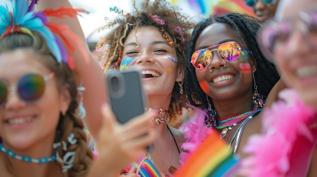 Jóvenes alegres celebrando el orgullo capturando recuerdos con un selfie grupal