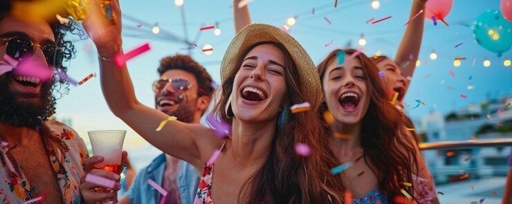 Jóvenes alegres disfrutando de una fiesta en la azotea lanzando confeti y divirtiéndose