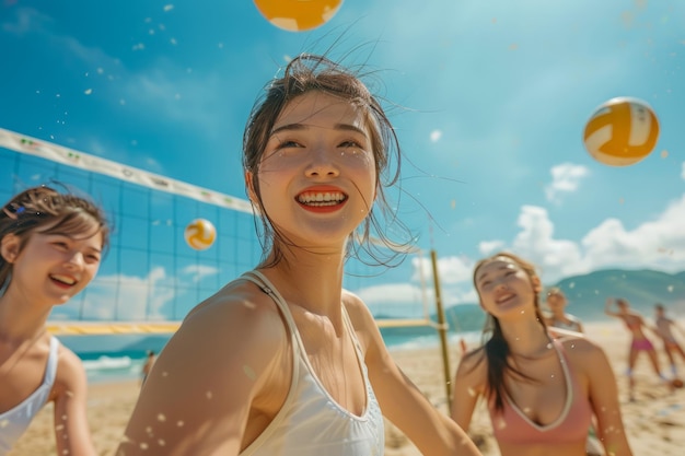 Jóvenes alegres jugando al voleibol de playa bajo un cielo azul soleado en un día de verano en una playa tropical