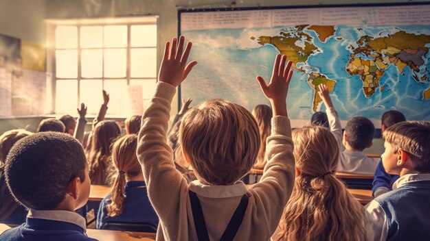 Jóvenes alumnos en el aula de la escuela primaria levantan la mano con entusiasmo IA generativa