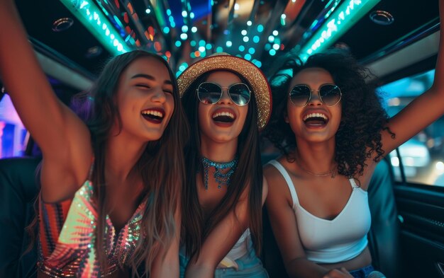 Foto jóvenes amigas alegres de fiesta en una limusina con luces vibrantes