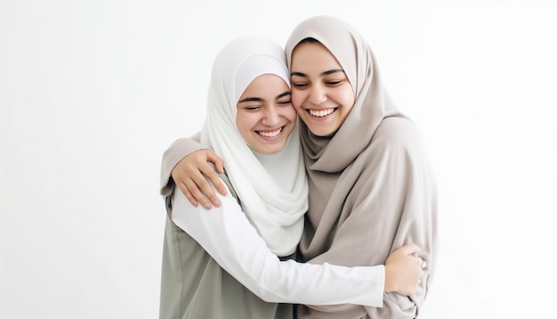 Jóvenes amigas islámicas se abrazan y se abrazan unas a otras con hijab aisladas sobre un fondo blanco