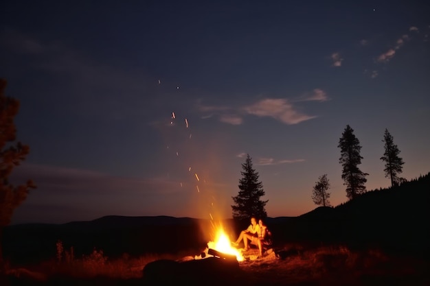 Jóvenes amigos cerca de una fogata brillante en el campamento por la noche calentándose sentados cerca del fuego