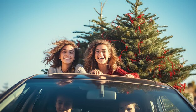 Jóvenes amigos conduciendo un árbol de Navidad para el Año Nuevo en un coche