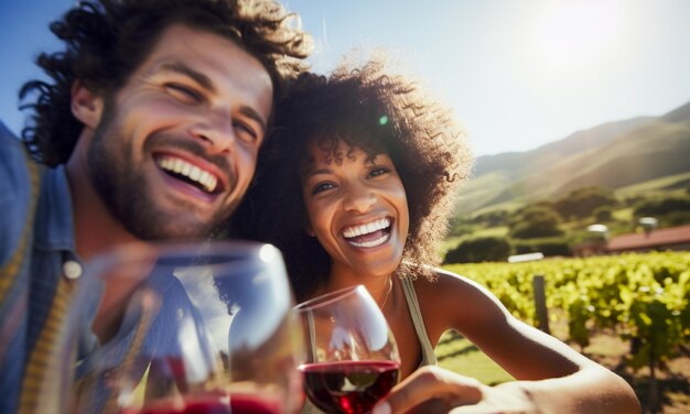 Foto jóvenes amigos felices bebiendo vino afuera en un picnic en un viñedo ubicado en napa valley, california