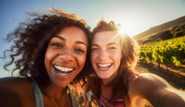 Foto jóvenes amigos felices bebiendo vino afuera en un picnic en un viñedo ubicado en napa valley, california