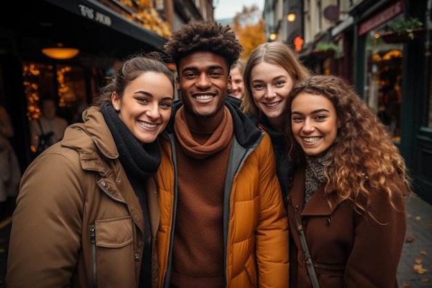 Jóvenes amigos multiétnicos sonriendo a la cámara generada por IA