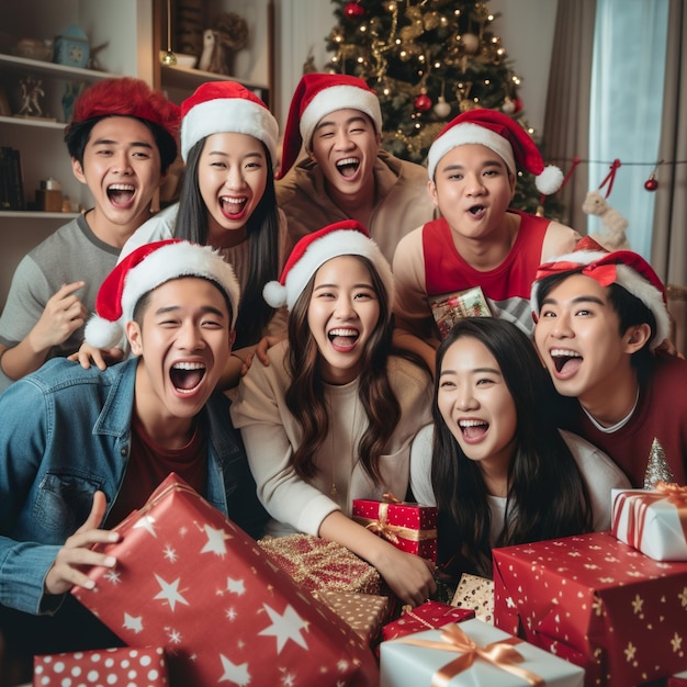 Jóvenes asiáticos con sombrero de Santa celebran el día de Navidad