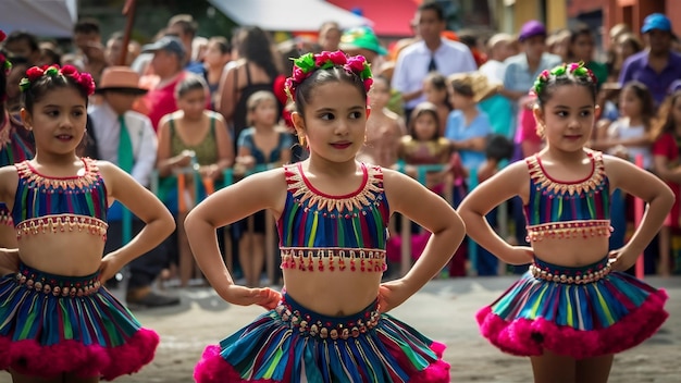 Jóvenes bailarines actuando frente a la multitud en la vaqueria en el festival de la ciudad de Mérida