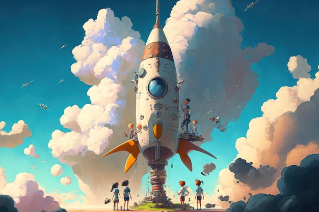 Jóvenes caricaturistas dibujando astronautas y un cohete espacial de transporte en el cielo con nubes