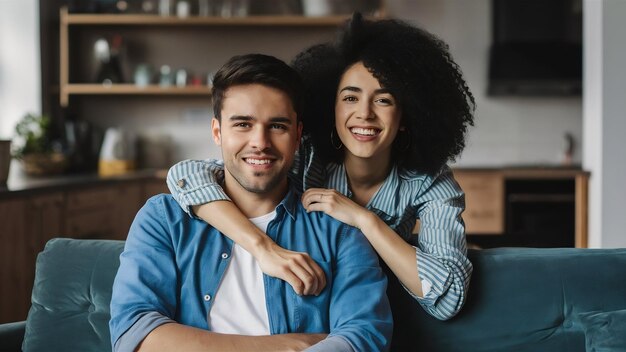 Jóvenes caucásicos posando en un elegante retrato interior plano de una pareja despreocupada sonriendo en el sofá