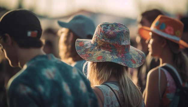 Jóvenes caucásicos sonríen en amistad durante la diversión de verano generada por IA