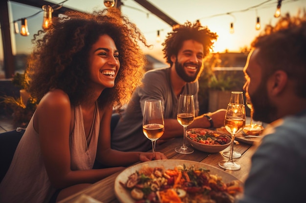 Jóvenes cenando y divirtiéndose bebiendo vino juntos en el balcón de la azotea