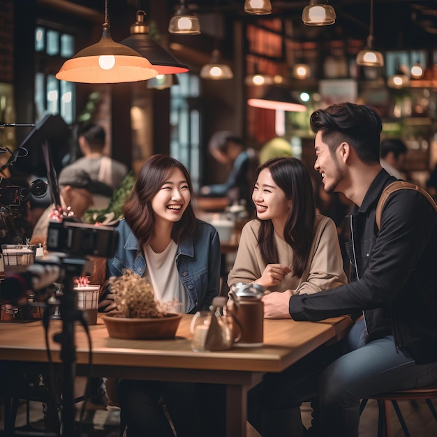 Los jóvenes en China están sentados en una cafetería hablando