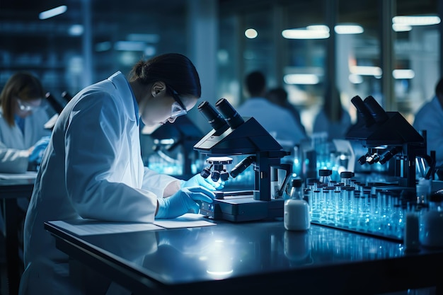 Jóvenes científicos realizando investigaciones de investigación en el Laboratorio de Investigación Médica Laboratorio Científico Centro de Desarrollo de Biotecnología lleno de equipos de alta tecnología