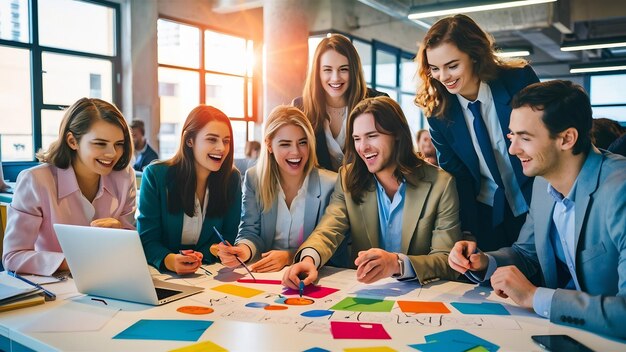 Foto jóvenes colegas de negocios atractivos trabajando felizmente en un nuevo proyecto con computadora portátil y papeles en moderado