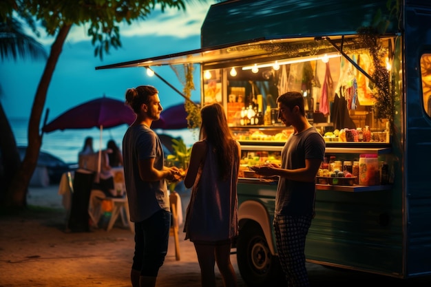 Jóvenes comprando comida de un camión de comida en la playa al anochecer