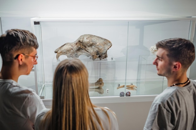 Jóvenes curiosos observando esqueletos y cráneos de animales exhibidos en una vitrina durante el evento natural.