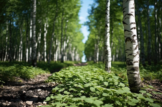 Jóvenes y delgados abedules en la primavera en el bosque