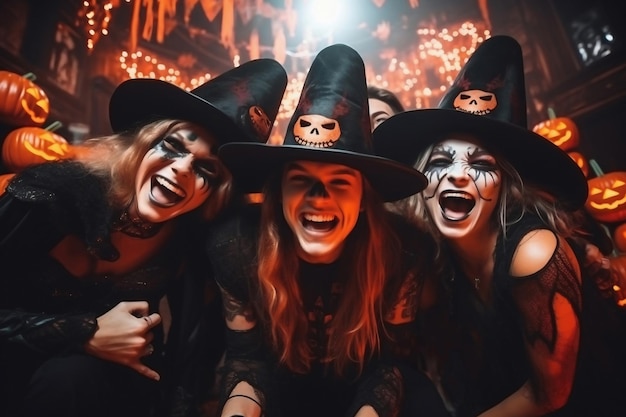 Jóvenes disfrazados celebrando Halloween Grupo de jóvenes amigos felices vistiendo disfraces de Halloween divirtiéndose en la fiesta en la discoteca haciendo caras de miedo Celebración de Halloween