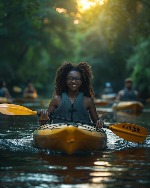 Foto los jóvenes disfrutan de un día de kayak