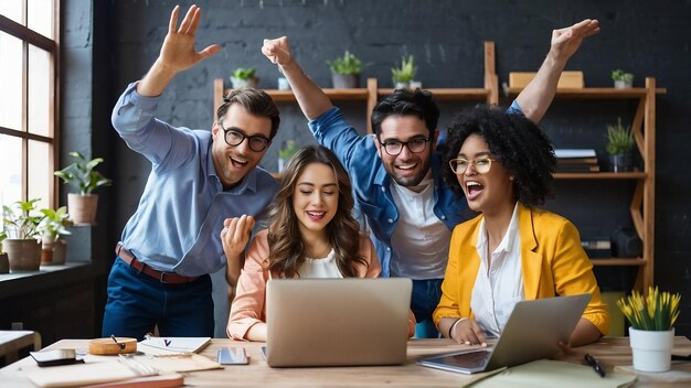 Foto jóvenes emprendedores alegres divirtiéndose mientras trabajan juntos en la oficina