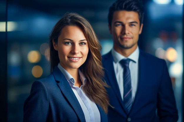 Jóvenes empresarios exitosos posando juntos en la oficina retrato de un hombre y una mujer de negocios