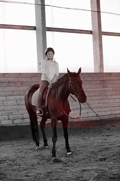 Los jóvenes en un entrenamiento de caballos en una arena de madera