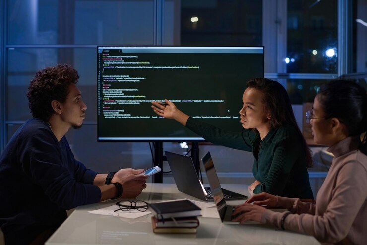 Foto los jóvenes especialistas en informática tienen una reunión por la noche.