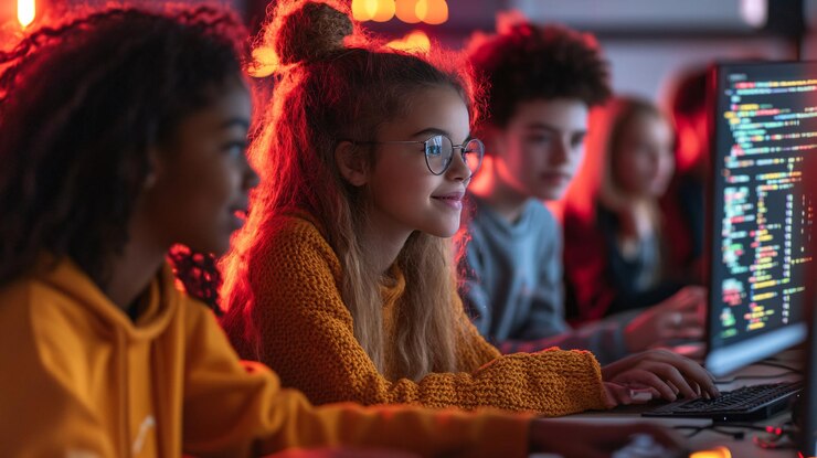 Foto los jóvenes estudiantes de ciencias de la computación están programando en la escuela
